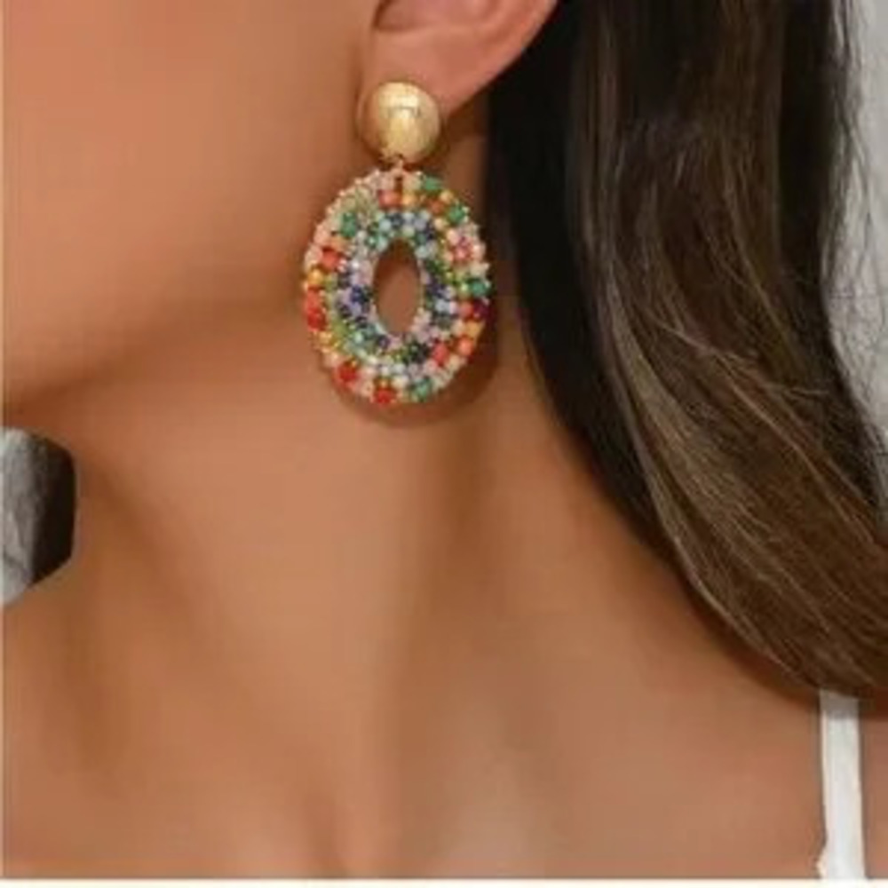 Multicolor Beaded Oval Earrings